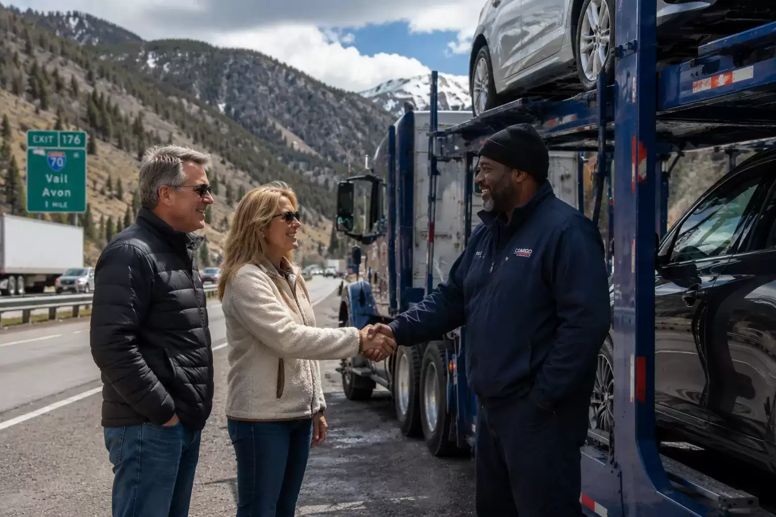 mature couple meeting an auto transport driver along I-70 in Colorado