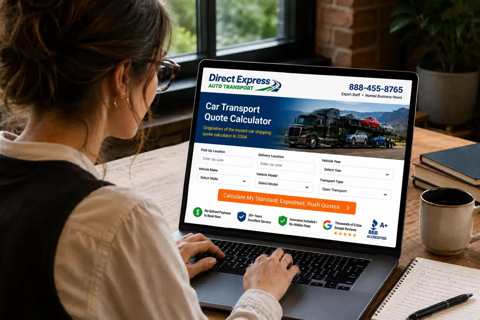 Colorado Woman in office calculating online car shipping quote