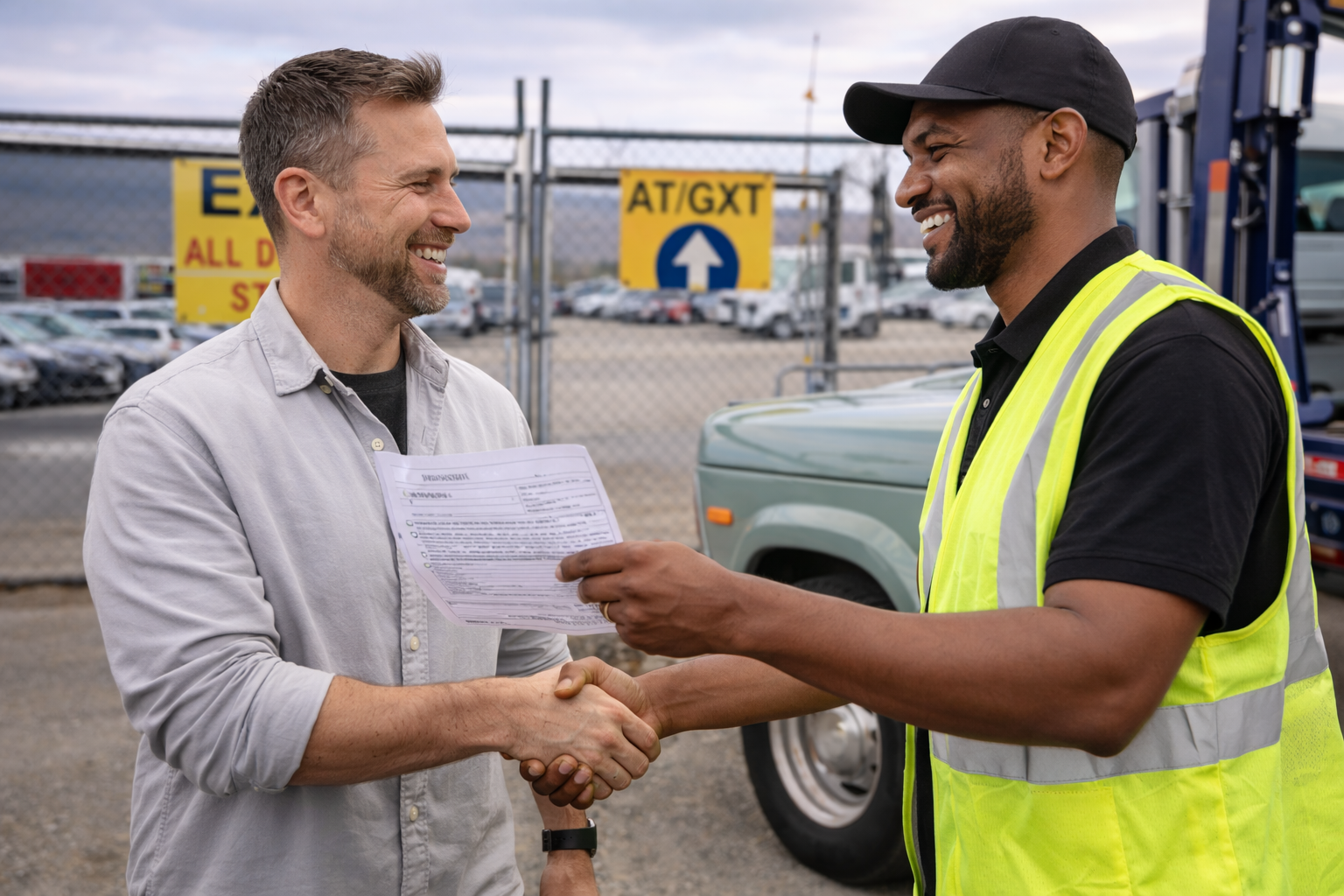 photo of auto auction car transporter Truck driver shaking hands at auction