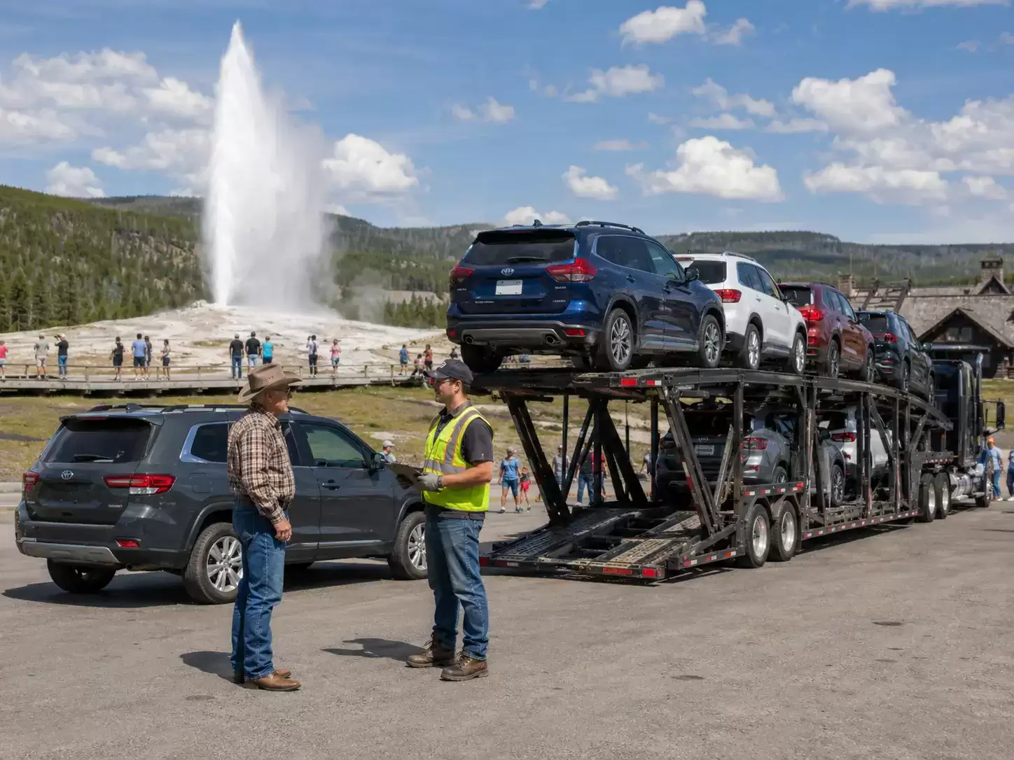 Wyoming vehicle transport truck meeting 60 something customer