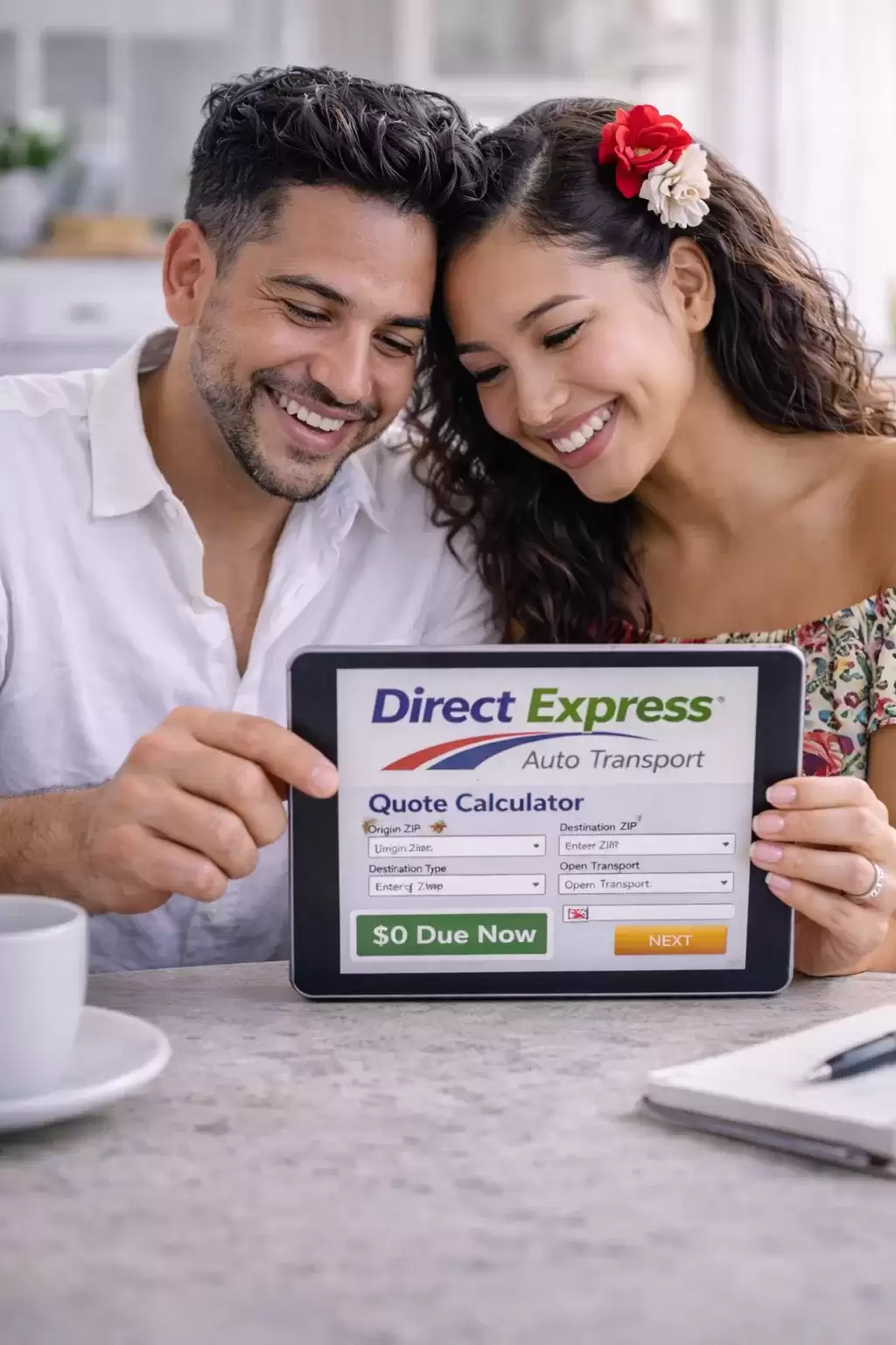 Young Couple getting an instant Arkansas car shipping quote on the Direct Express Auto Transport calculator