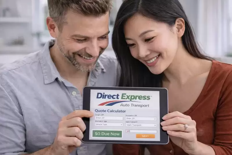 Couple getting an instant New Mexico car shipping quote on the Direct Express Auto Transport calculator