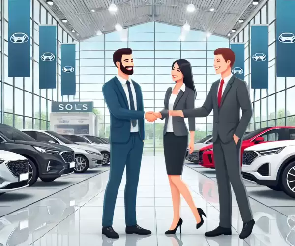 A modern car dealership with a sleek showroom, featuring several new cars on display. Happy customers are seen smiling and shaking hands with salesman