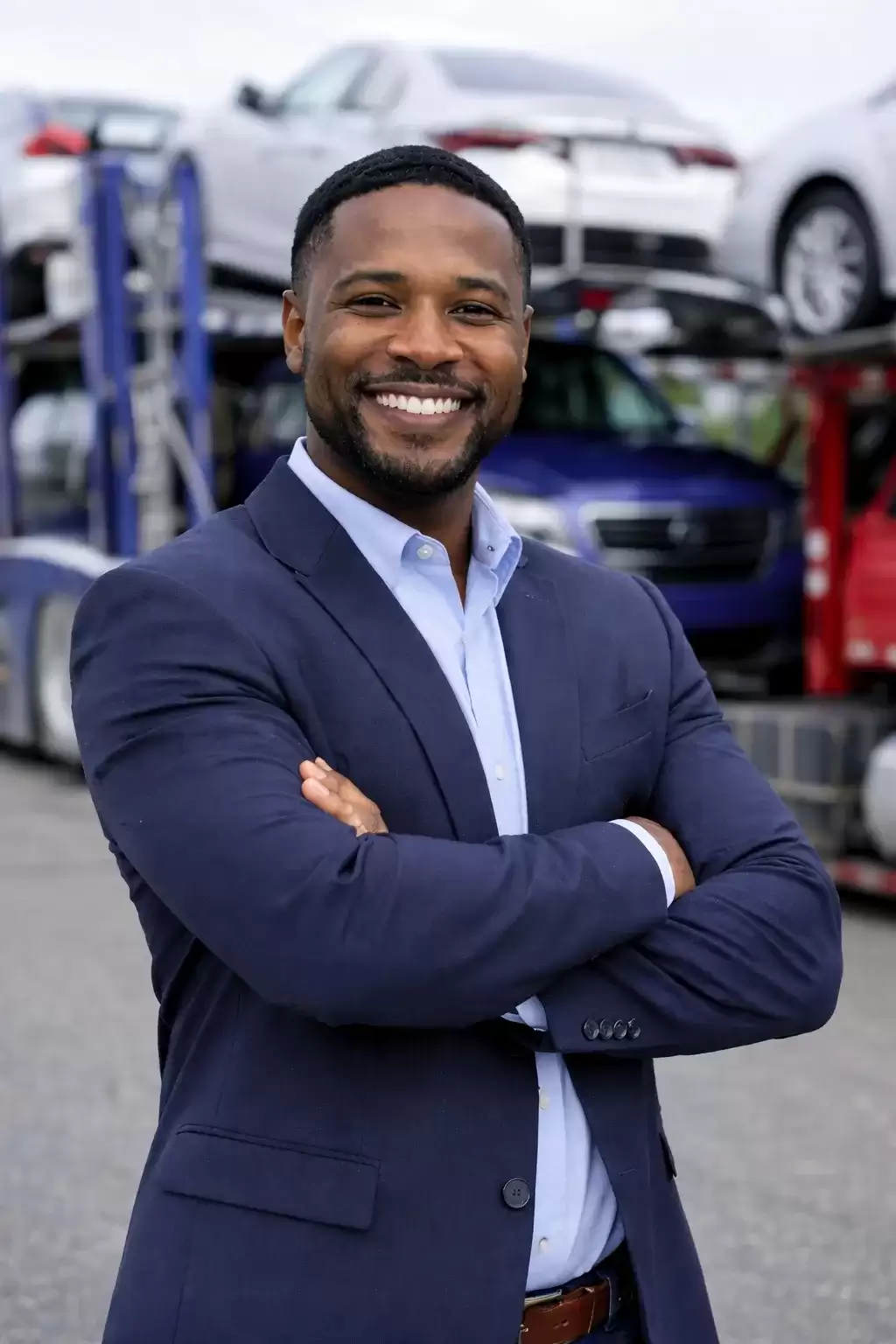 Texas Auto Dealership businessman in front of car transporter