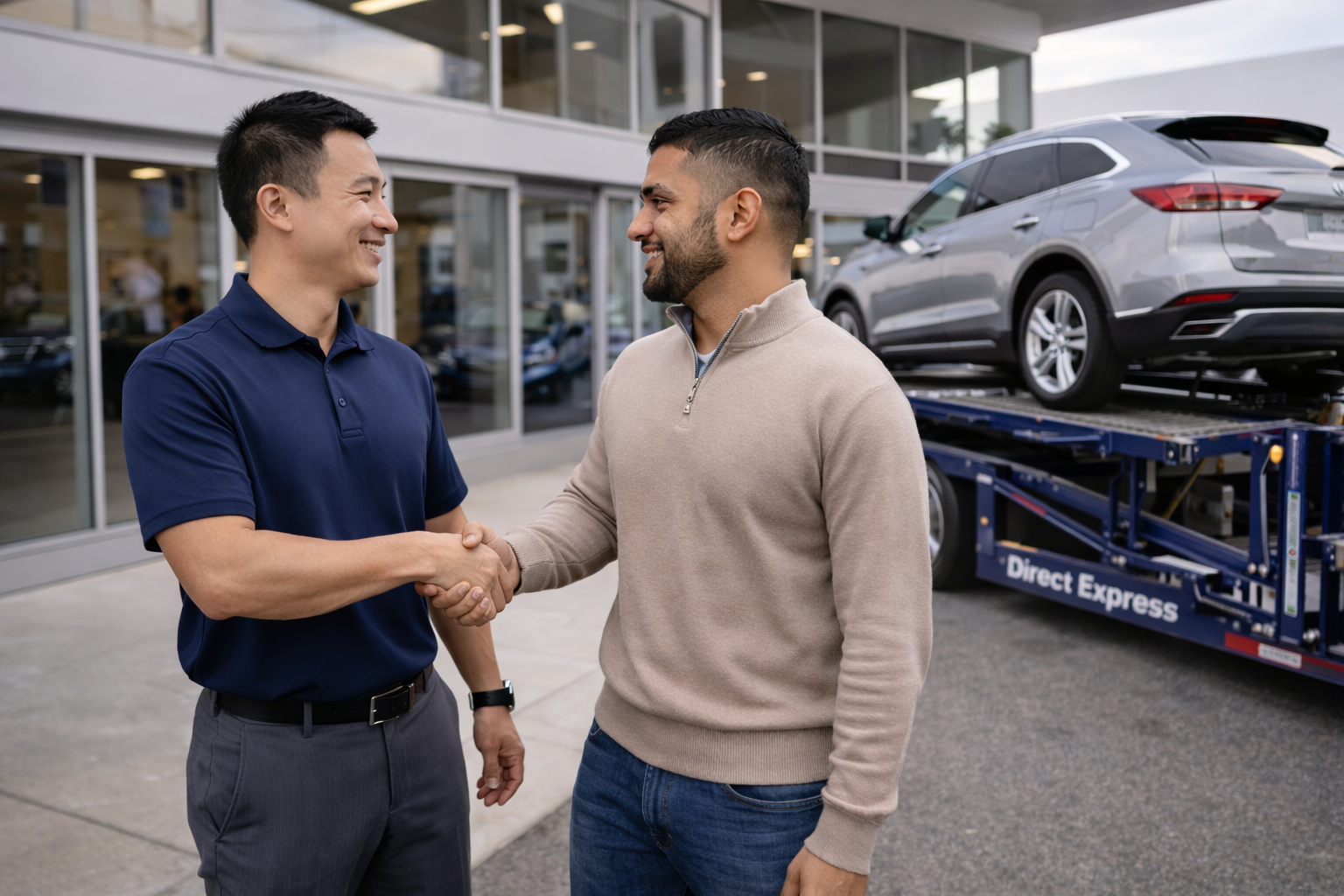 photo of dealership business handshake with car shipping inventory