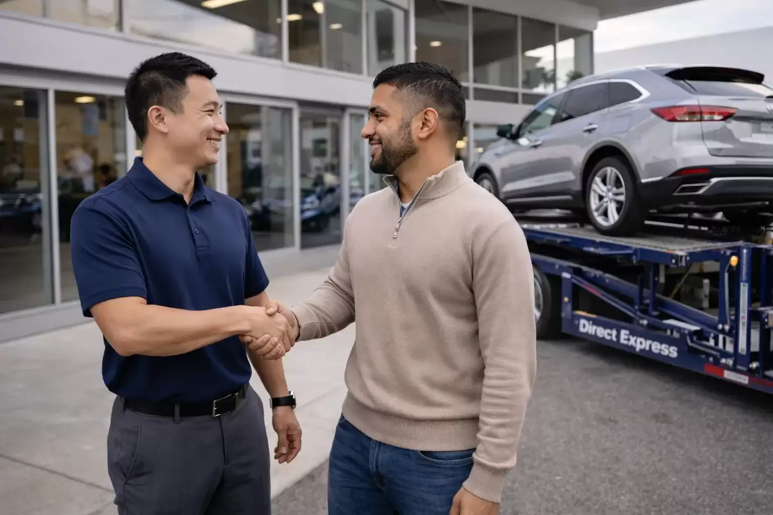 Colorado men shaking hands in front of a dealership before shipping a car