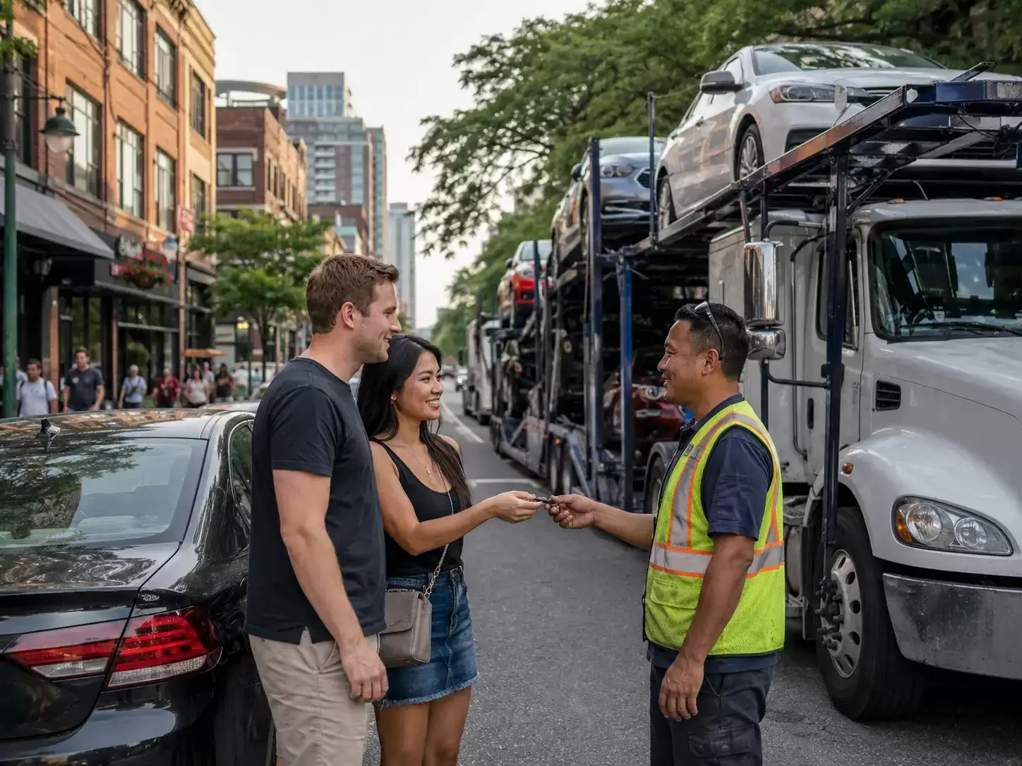 Colorado Car transport driver accepting keys to ship the car of a young couple downtown