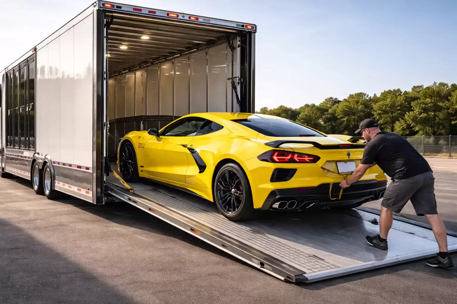 Yellow sports car being loaded into an enclosed auto transport trailer for Arkansas delivery