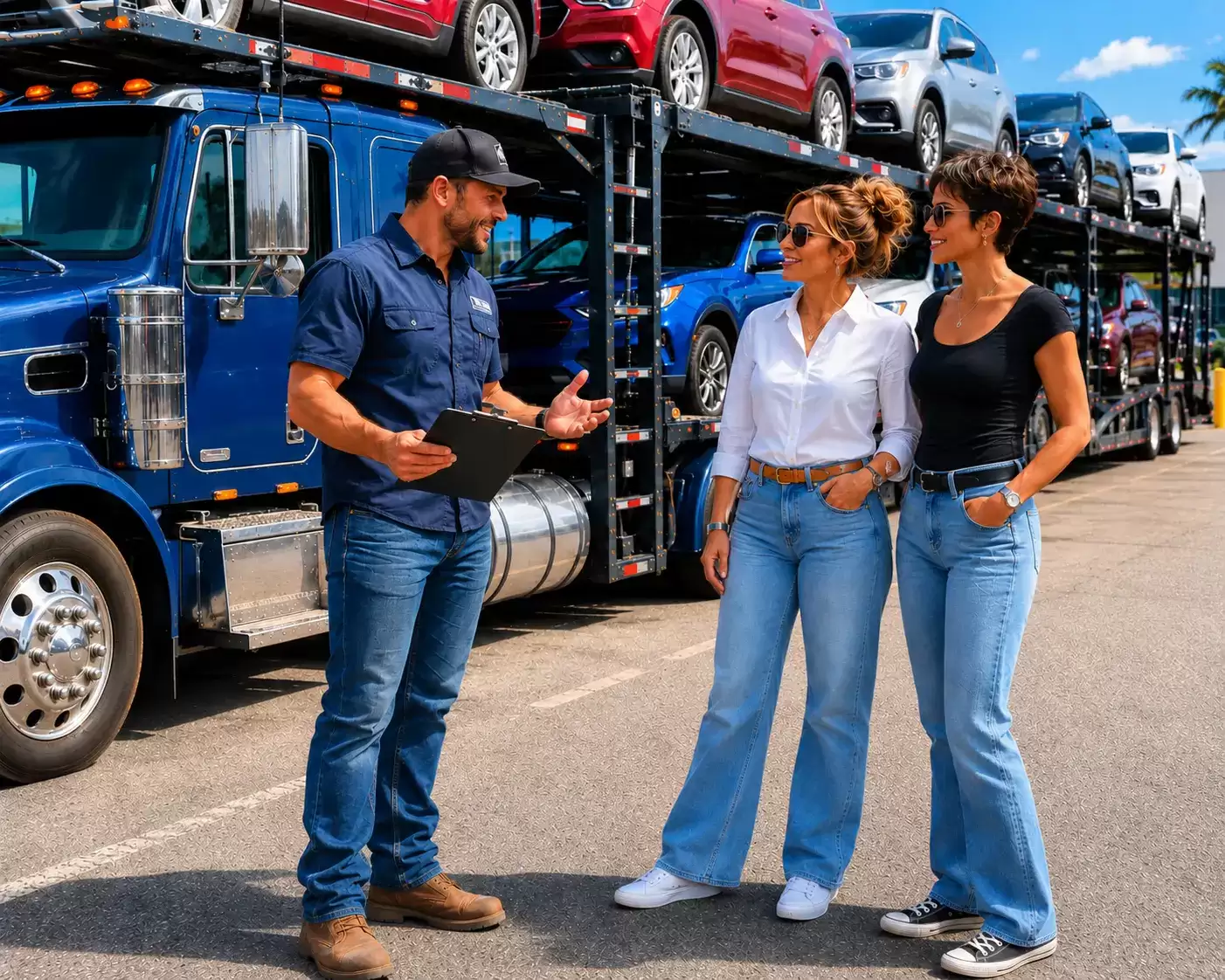 Colorado Car Transport driver in front of his rig pointing out a popular route to two young ladies