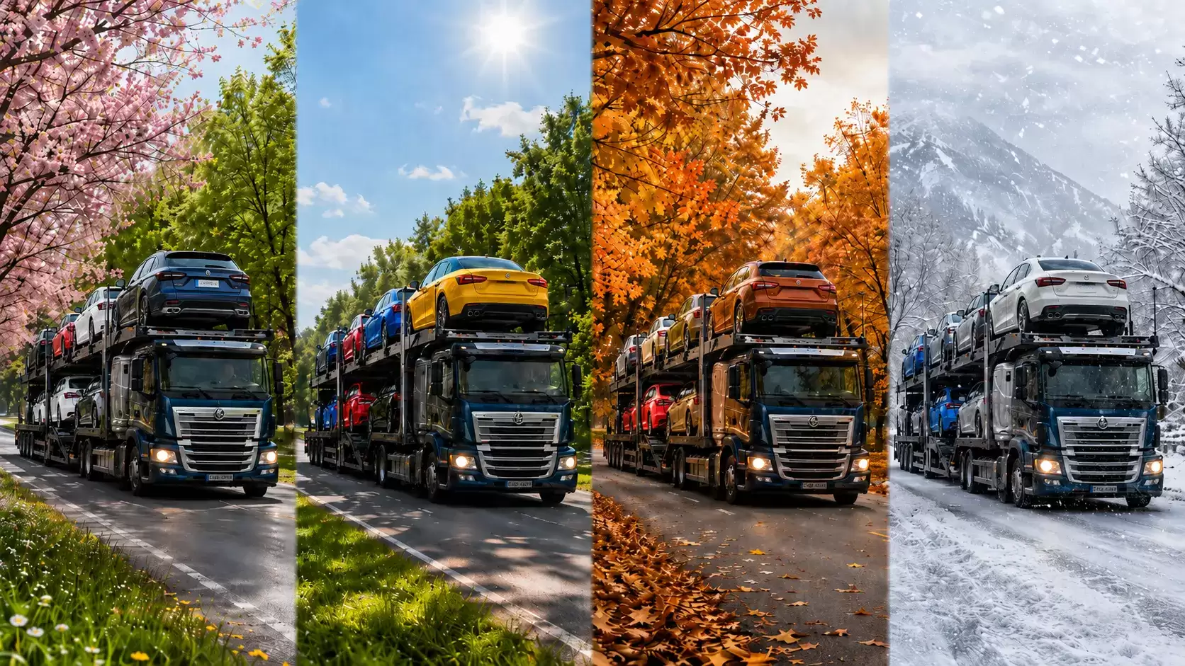 Colorado car transport truck with a full load depicted in a montage in all four seasons