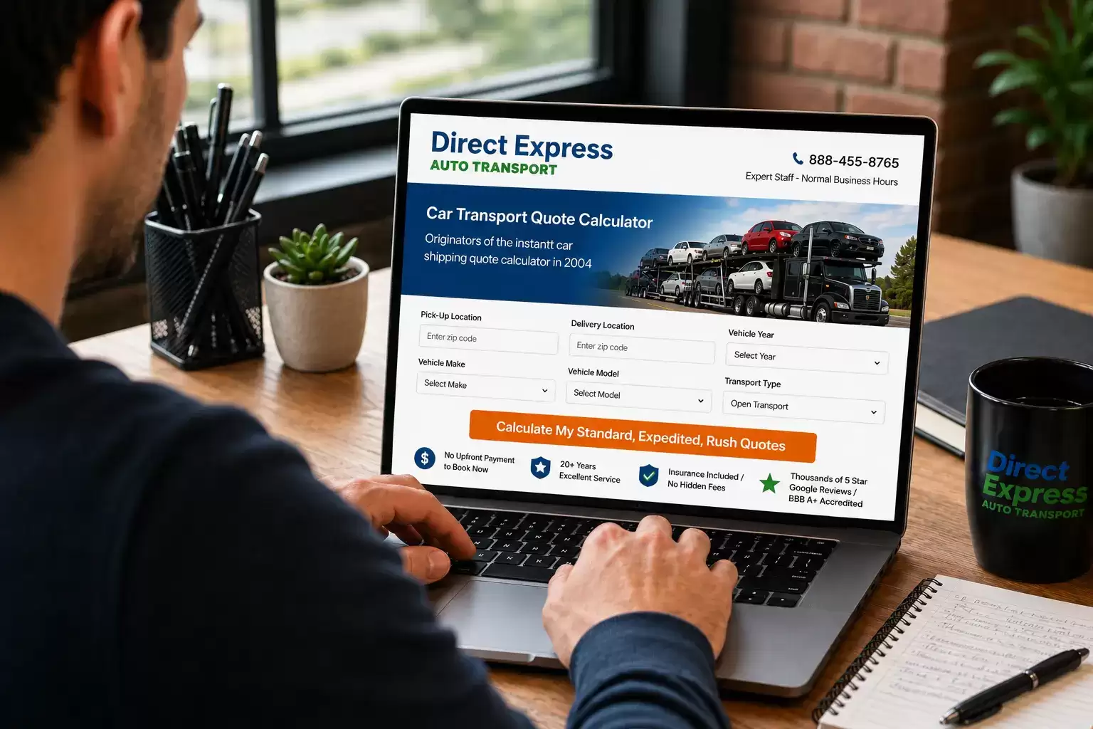 Colorado Man in office calculating online car shipping quote