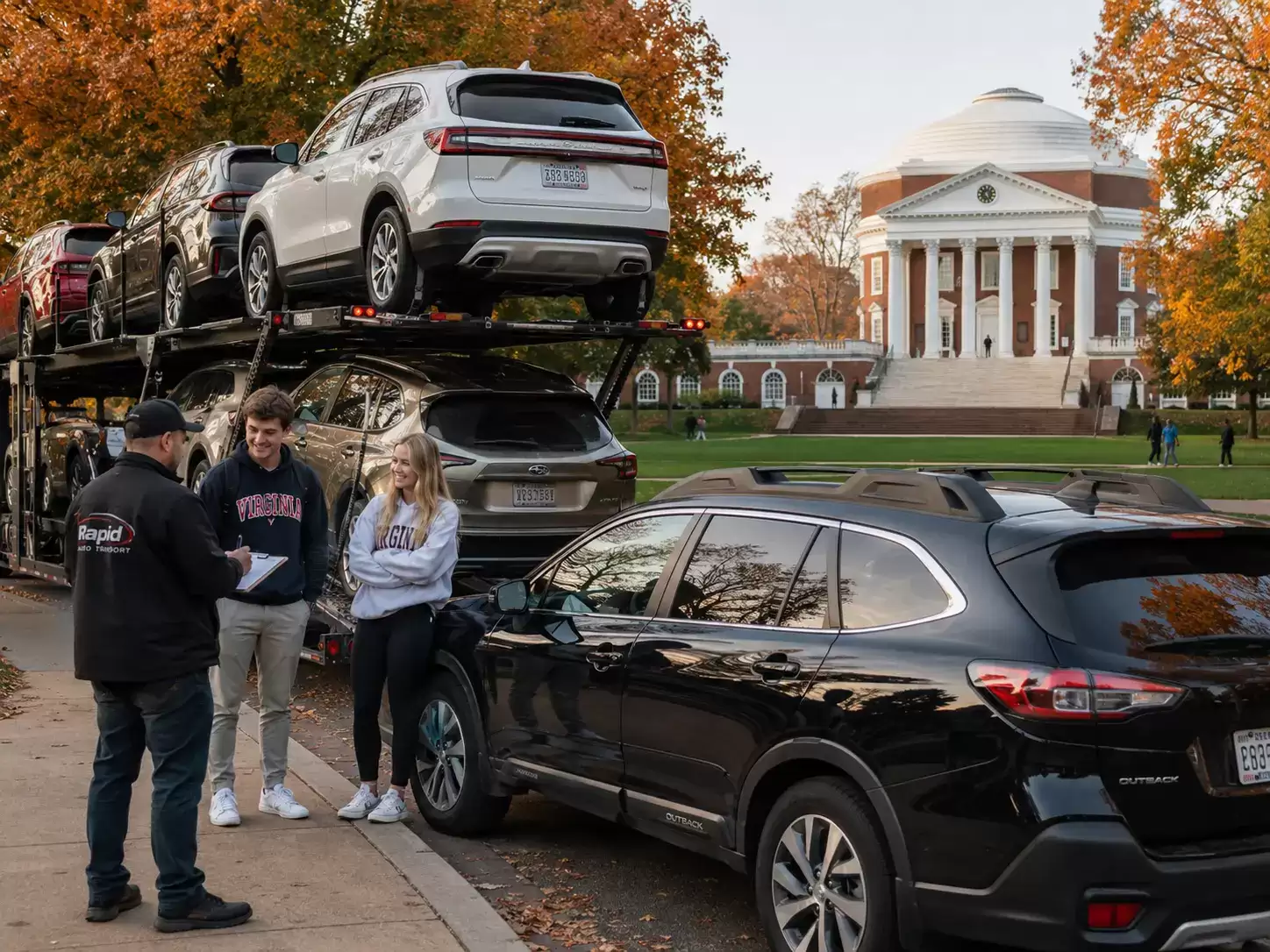 Virginia college students receiving a car transport shipment at Univ of VA