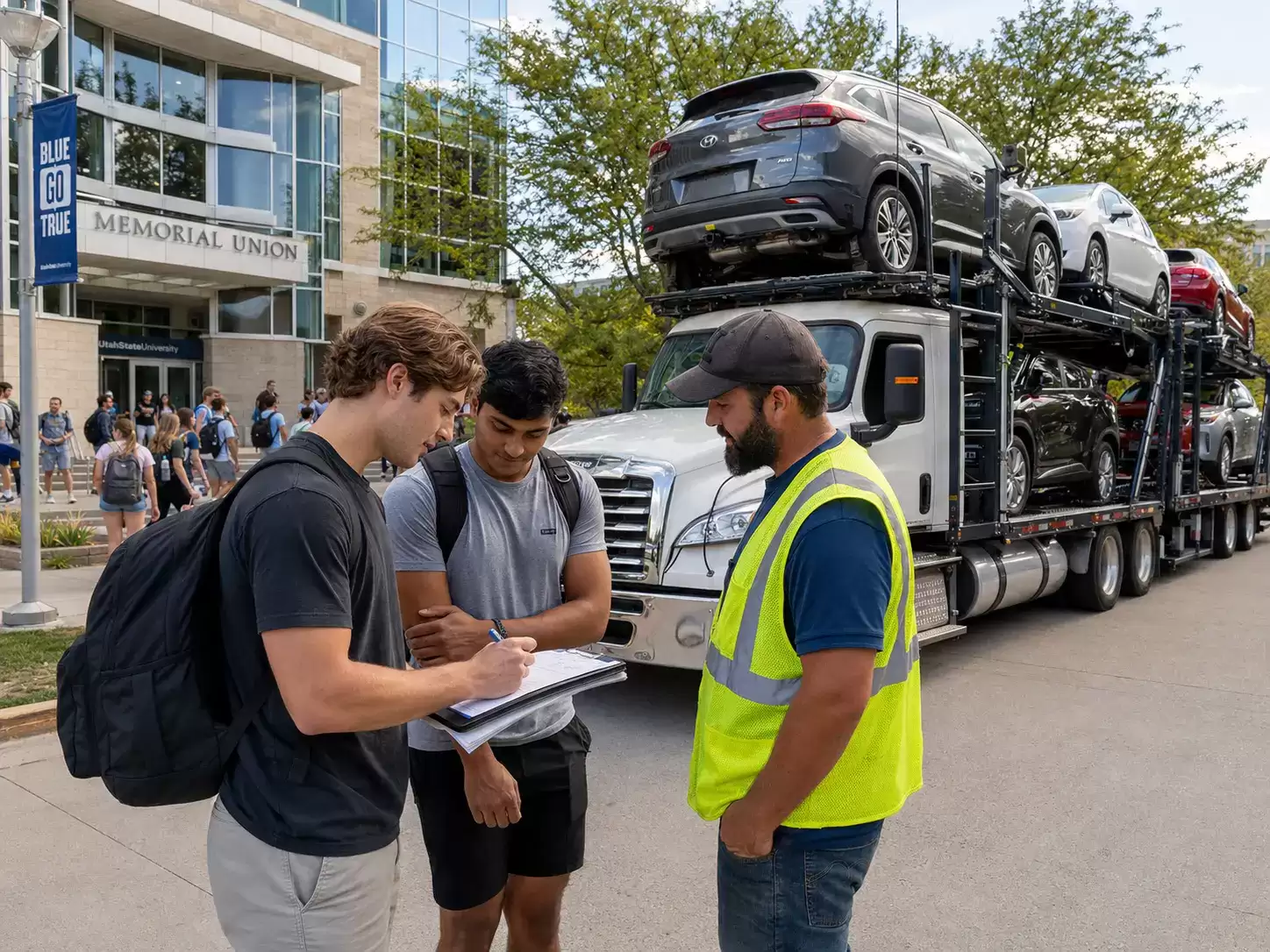Colorado College Student Car Shipping with two roommates signing the BOL for the car transporter