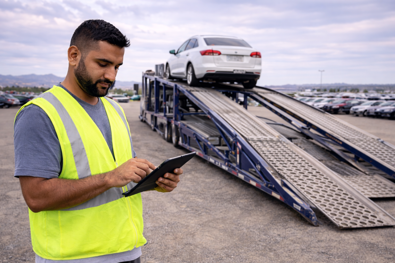 photo of auto auction car transporter Truck driver checking tablet at auction