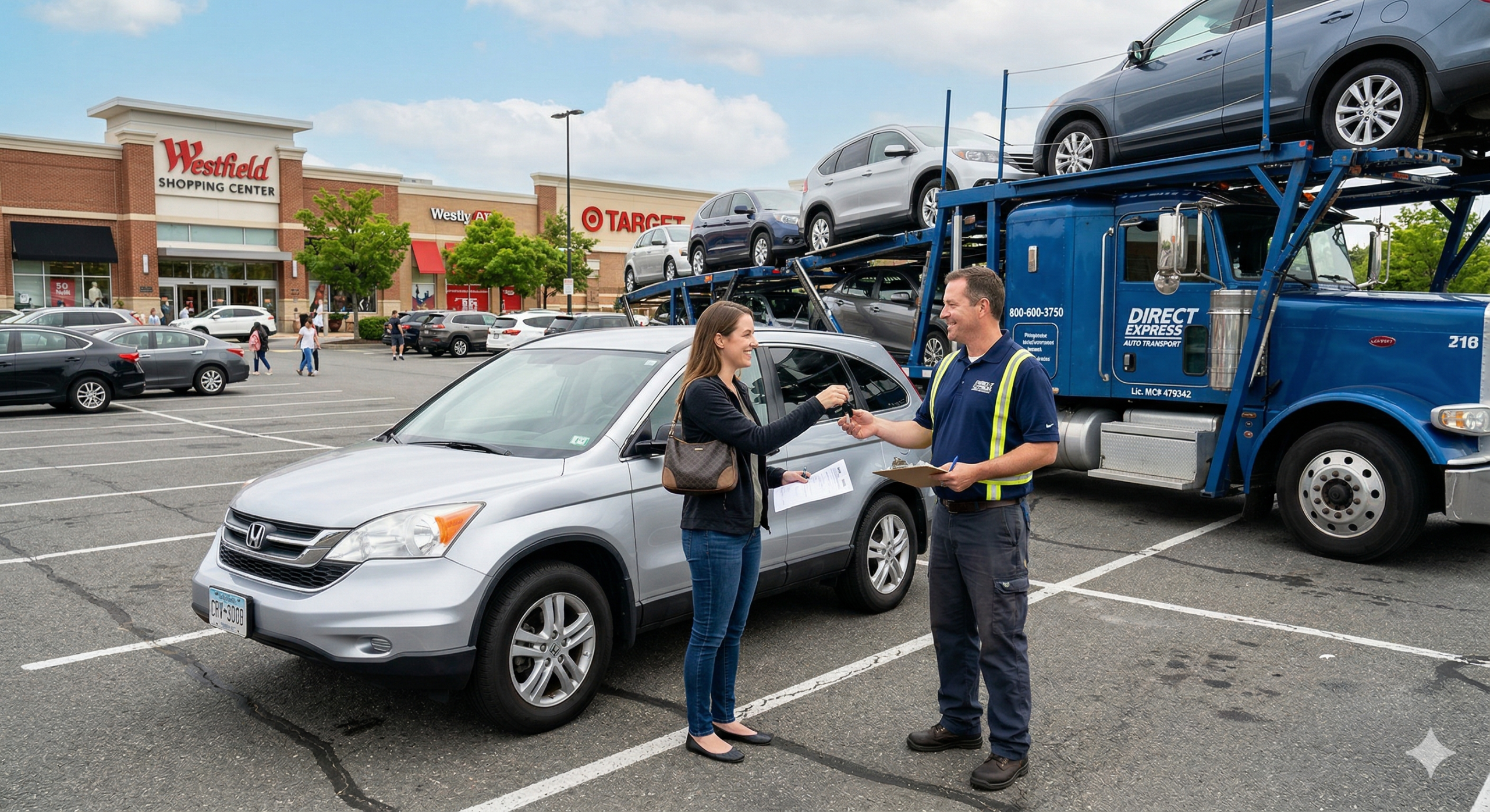 Photo of a customer meeting a car transporter at a shopping mall