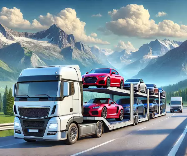 photo of auto-shipping-carrier-truck-transporting-luxury-cars-on-a-scenic-highway