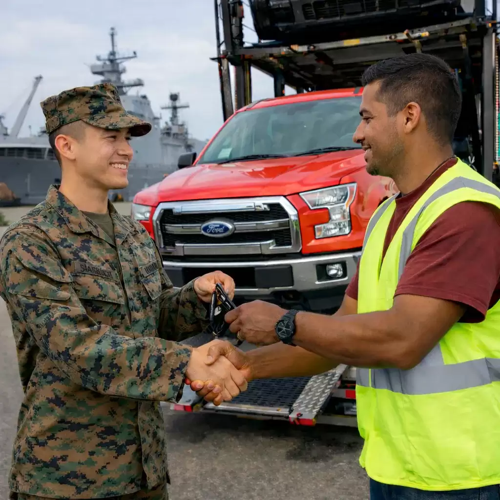 Service member receiving a PCS vehicle shipment at a Florida military installation