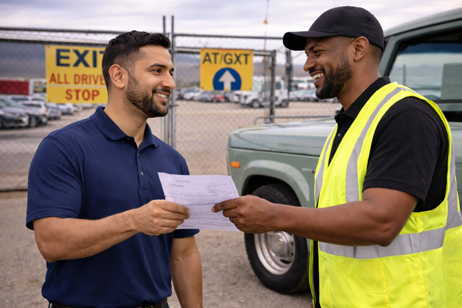 photo of auto auction car transporter Truck driver handing inspection report auction