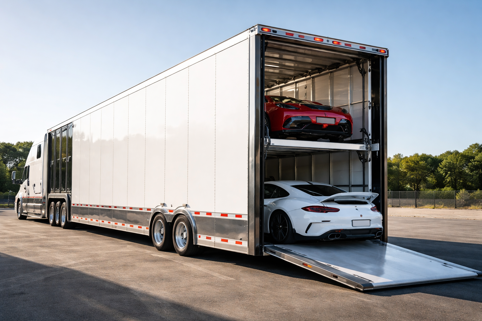 photo of two vehicles in an Enclosed Car Transport trailer