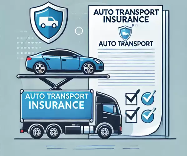Image depicting auto transport insurance. photo image of a car being loaded onto a transport truck, with a shield