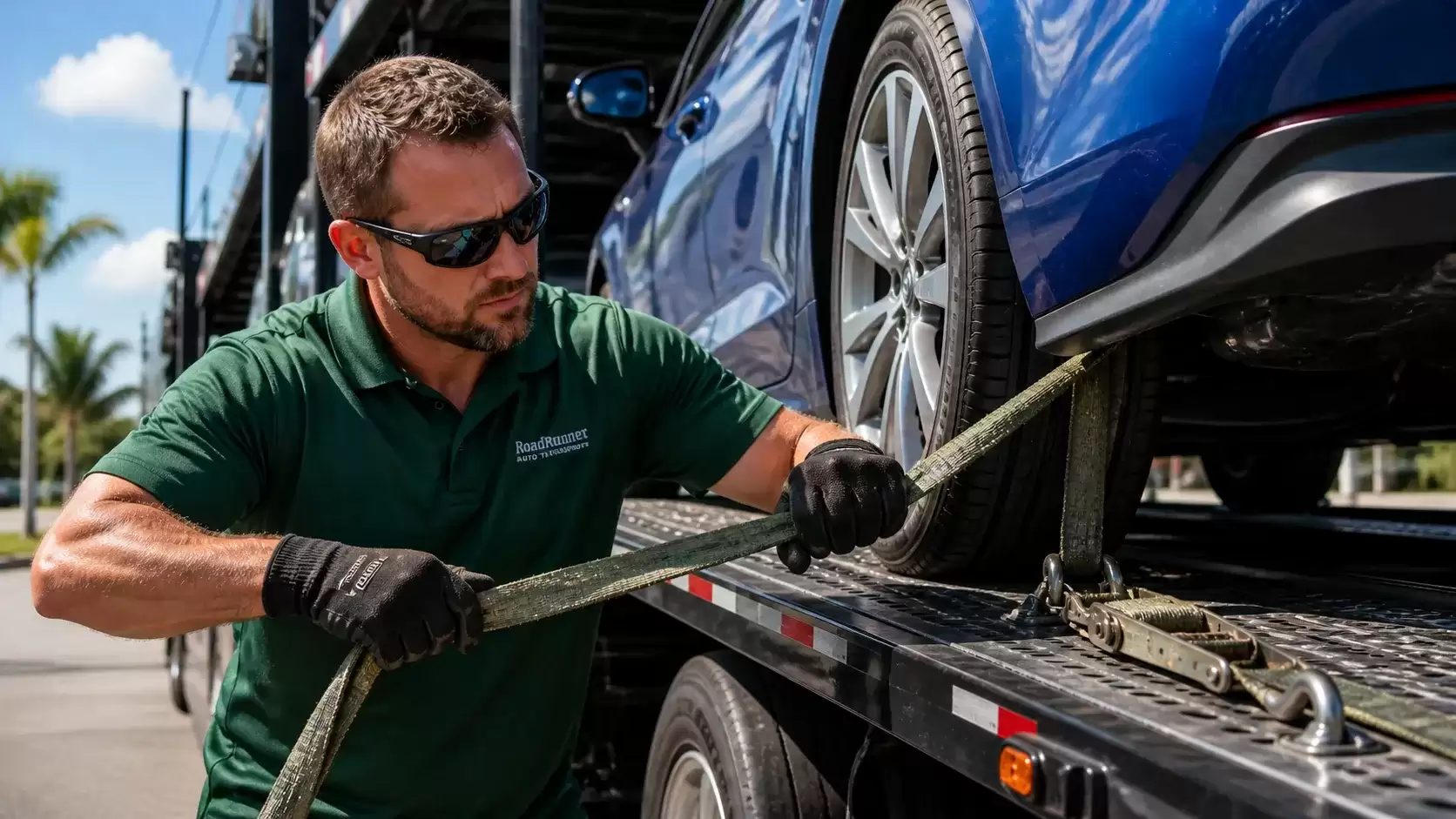 Colorado car-transport-driver-strapping-down-a-blue-car-on-th-trailer