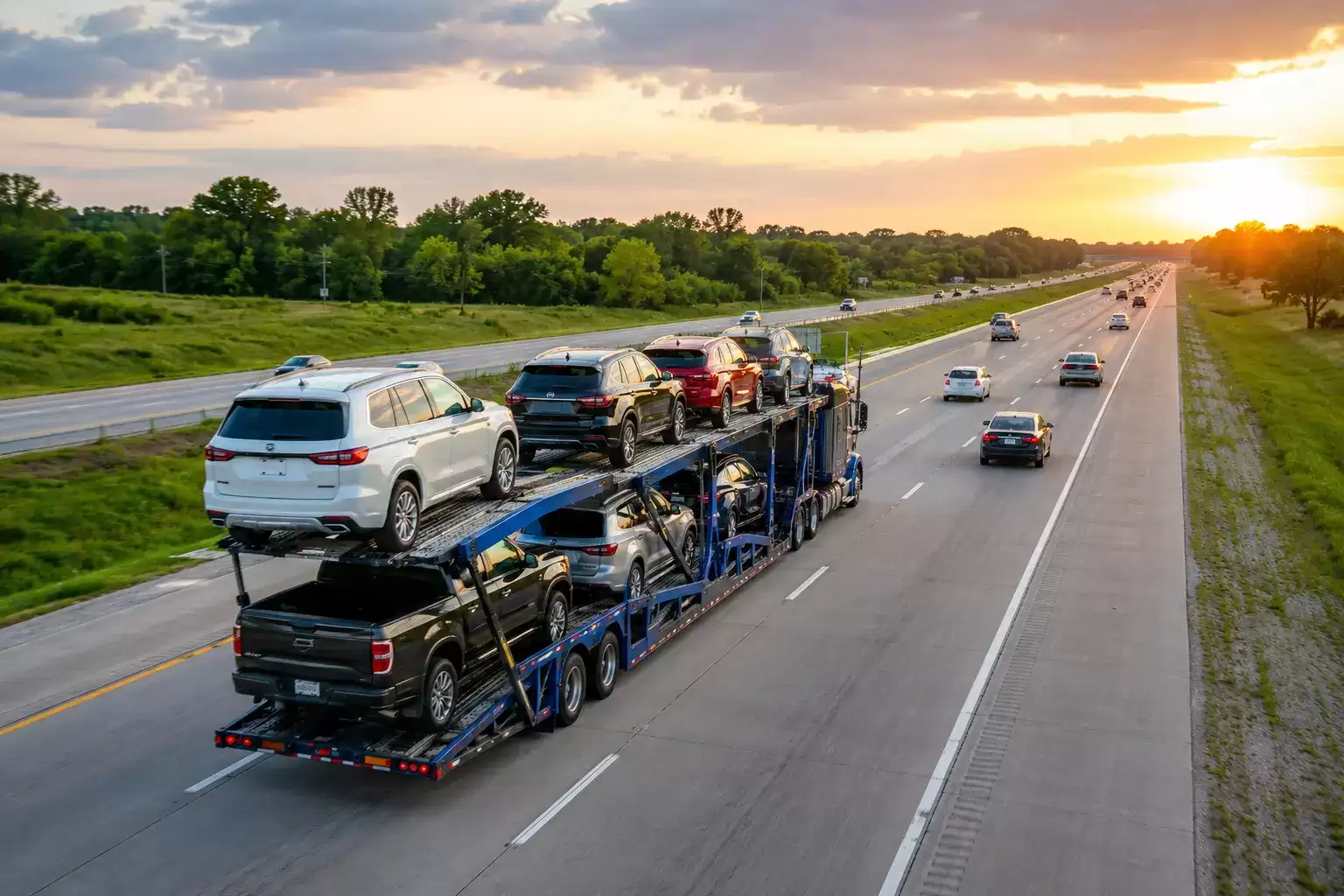 Colorado Car Transporter with a full load rolling down the highway at close to sunset