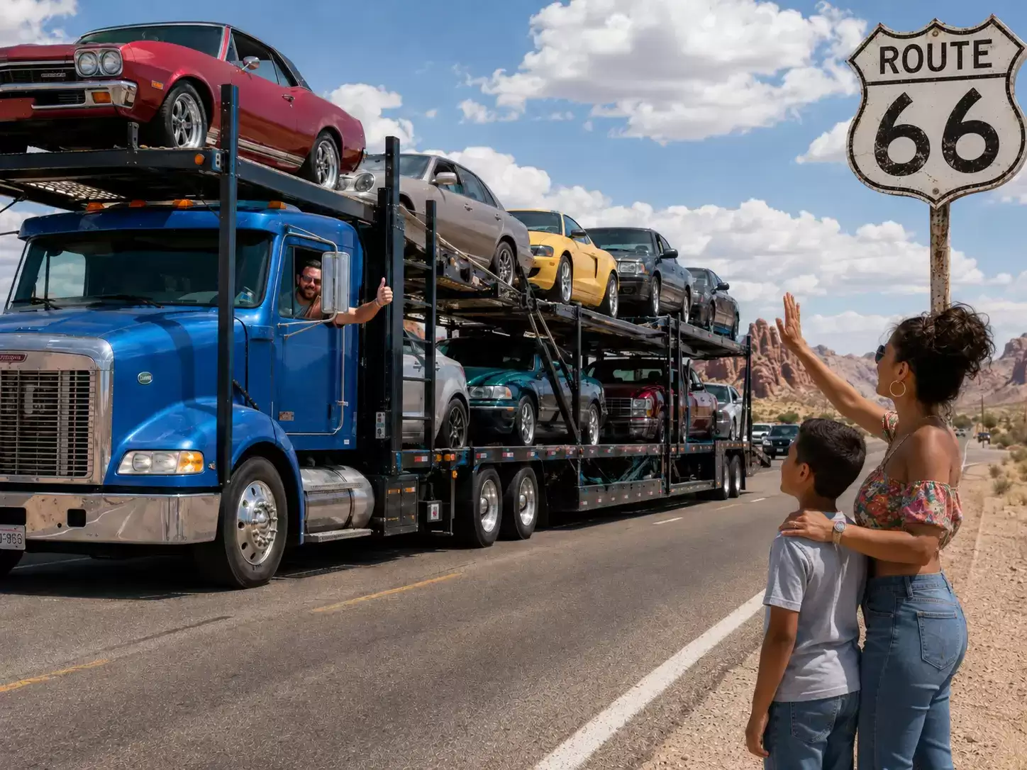 Route 66 car transport driver waving to a mom and son along the road